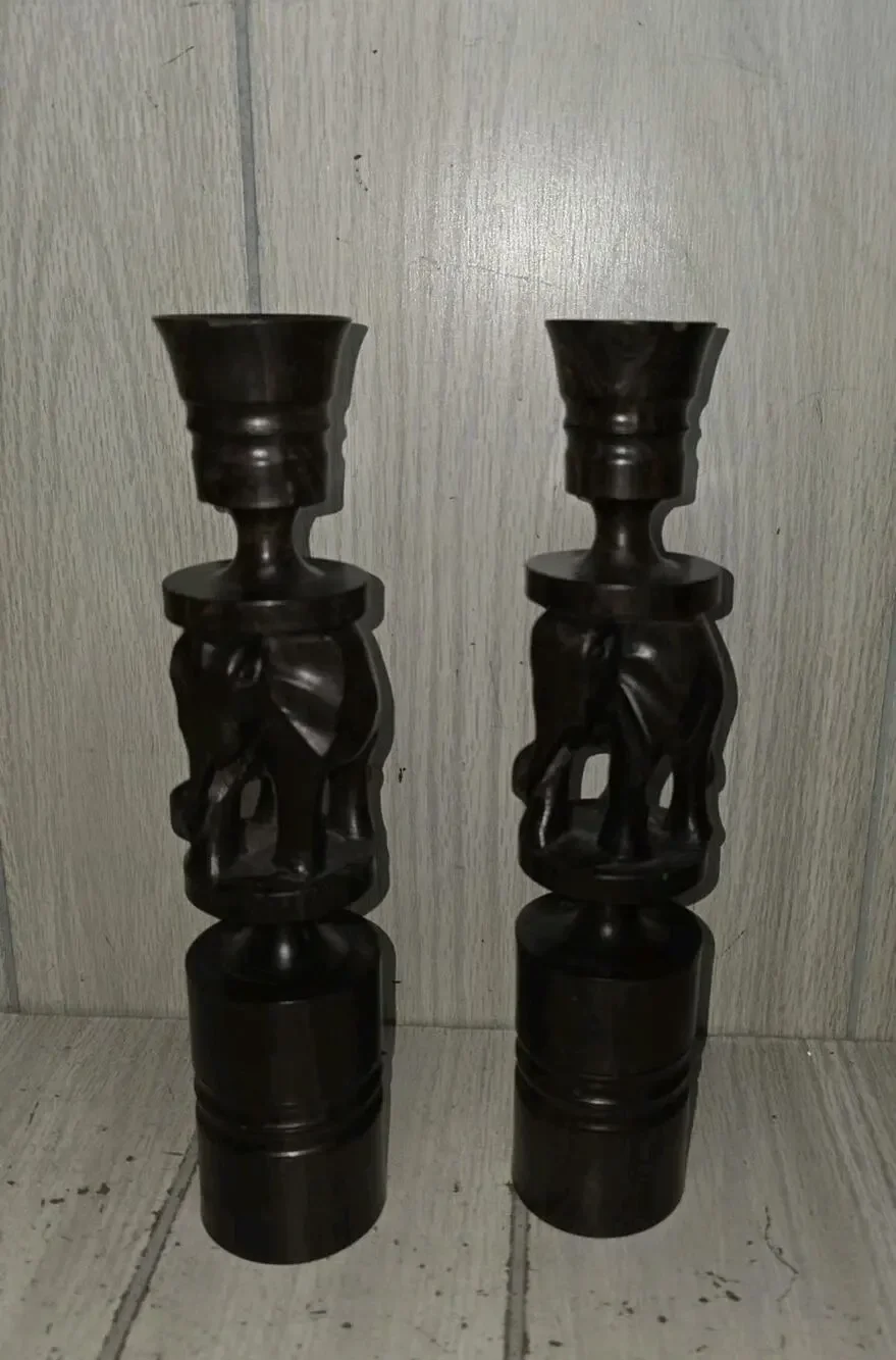 Vtg Wooden Hand Carved Elephant Candle Holders Set of 2 Solid Wood Decor Safari